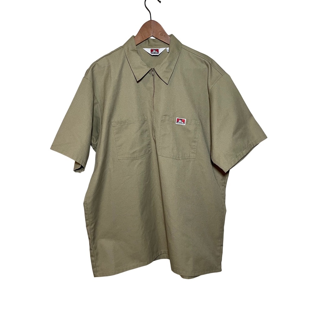 Ben Davis Mens XL Khaki Half Zip Short Sleeve Work Shirt Made in USA Tan Twill
